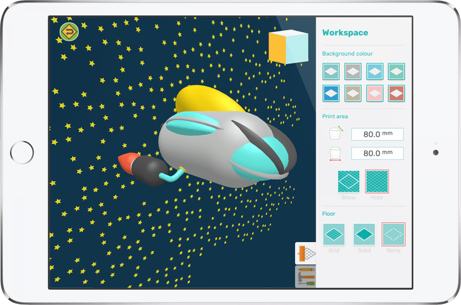 ipad showing a 3D rocket designed with Makers Empire 3D software