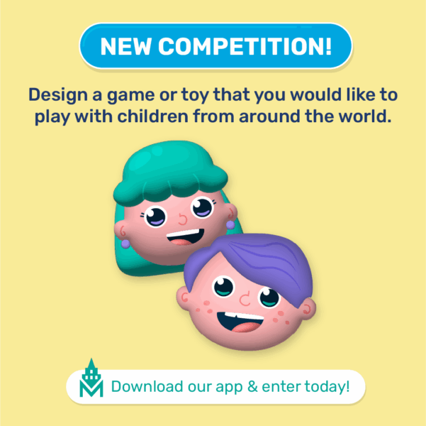 An icon of two children features on a yellow background. A blue menu displays the words, new competition. This is followed by a sentence beneath in navy text that reads, 'Design a game or toy that you would like to play with children from around the world.' The bottom text on the graphic reads 'World Children's Day'