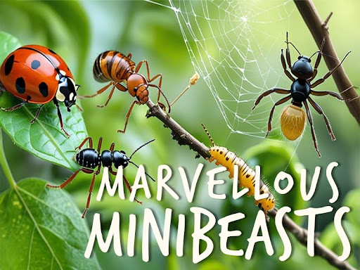 Bugs appear on some twigs and leaves, including a ladybug, an ant, a spider and a worm. The words Marvellous Minibeasts appears in all capitals in a white font.