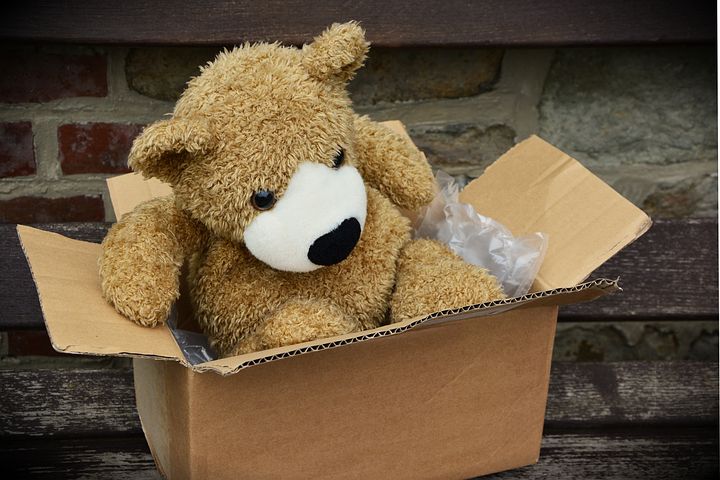 cardboard box with a teddy bear inside