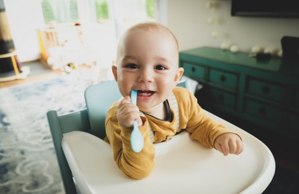 baby in a highchair chewing a plastic spoon
