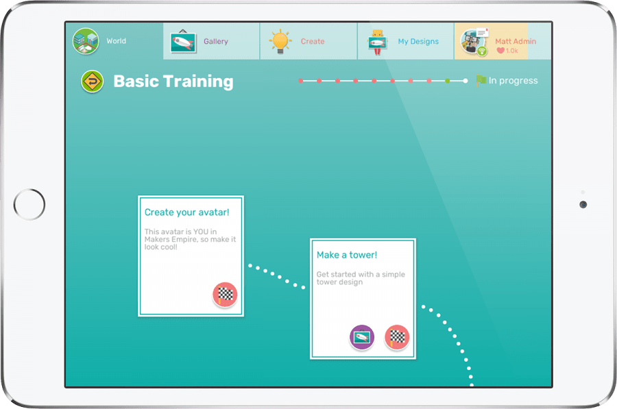 iPad showing Makers Empire 3D design app basic training tutorials