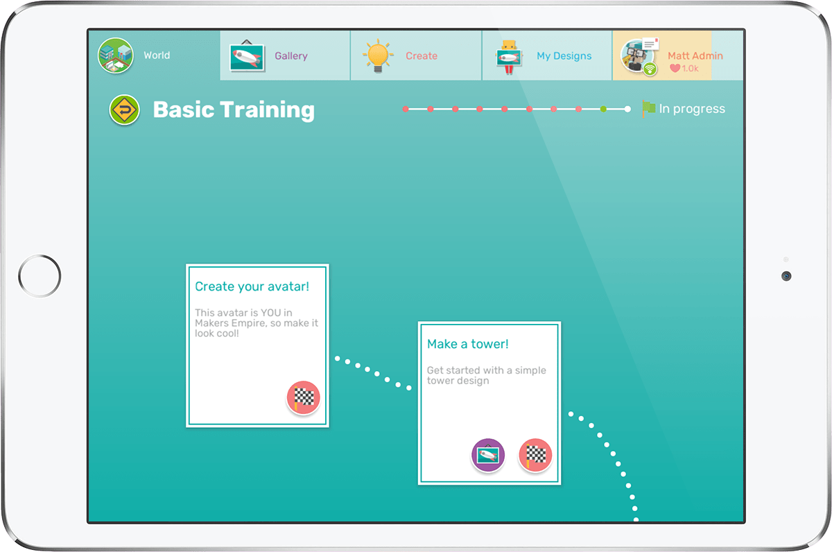 iPad showing Makers Empire 3D design app basic training tutorials