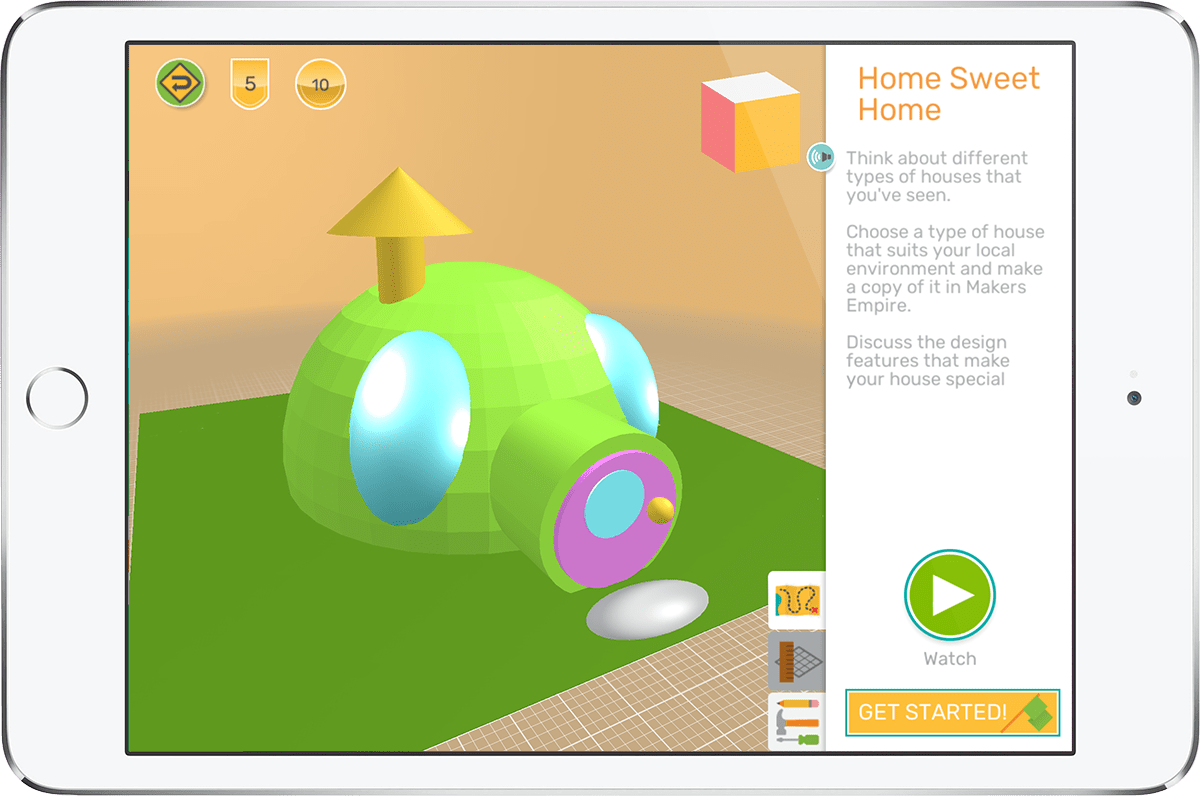 iPad shwoing a 3d model of a house designed by a student using Makers Empire 3D design app
