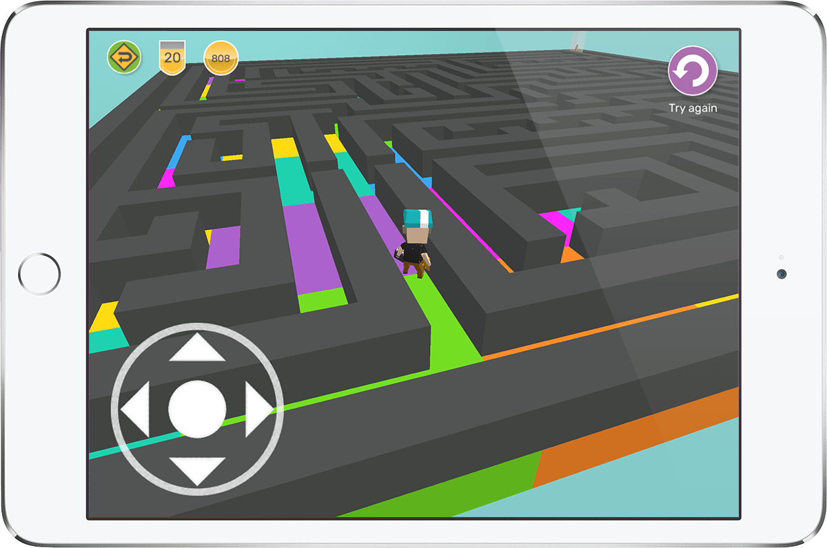 iPad showing a 3D maze game created in Makers Empire 3D design app