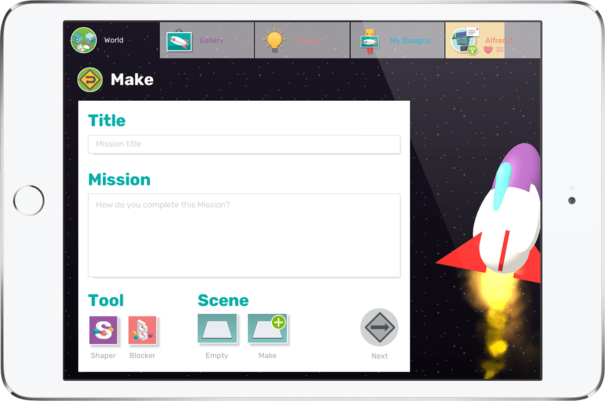 iPad showing Makers Empire 3D design app Mission Maker area