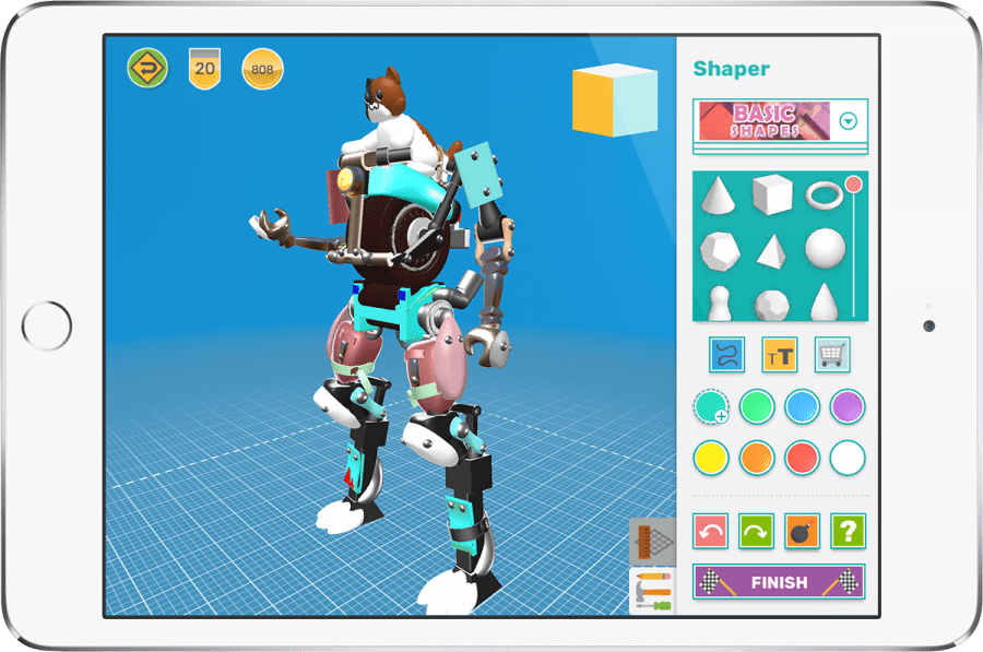 iPad with a 3D design robot mech suit designed in Makers Empire 3D