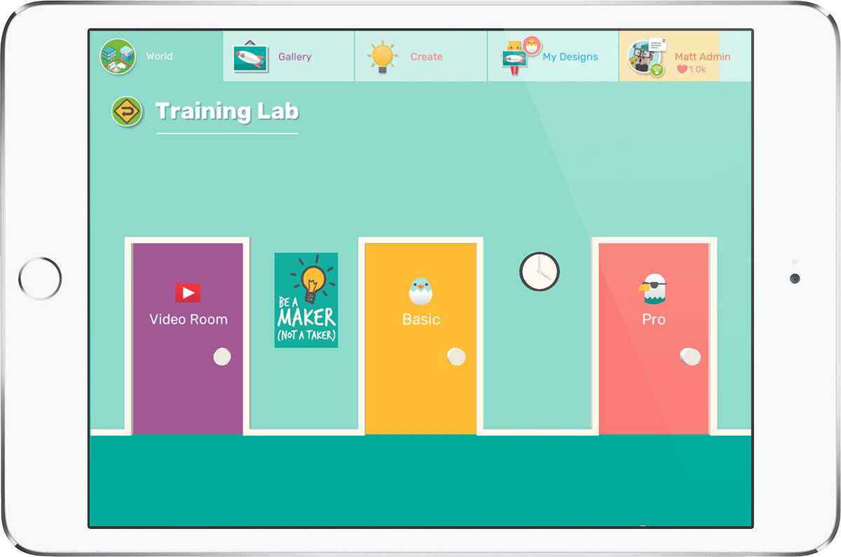 iPad showing Makers Empire 3D design app training lab tutorial area