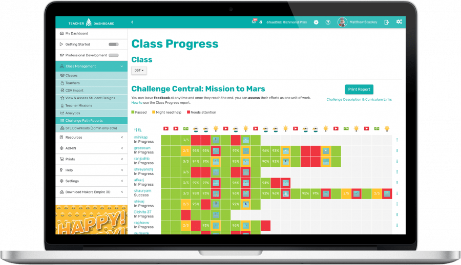 laptop computer showing Makers Empire Teacher Dashboard Class Progress Report
