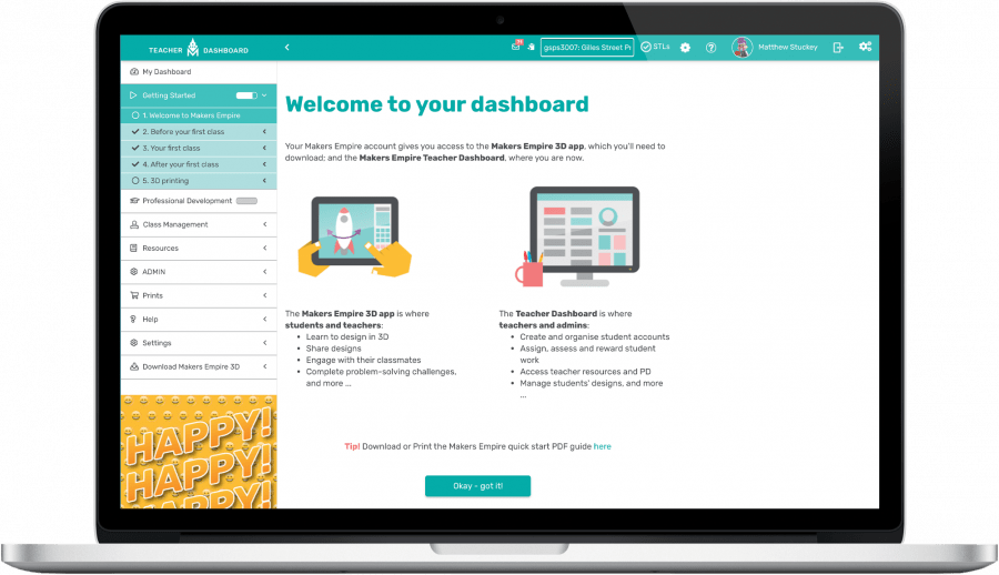 lap top computer showing Makers Empire Teacher Dashbaord Getting Started guide
