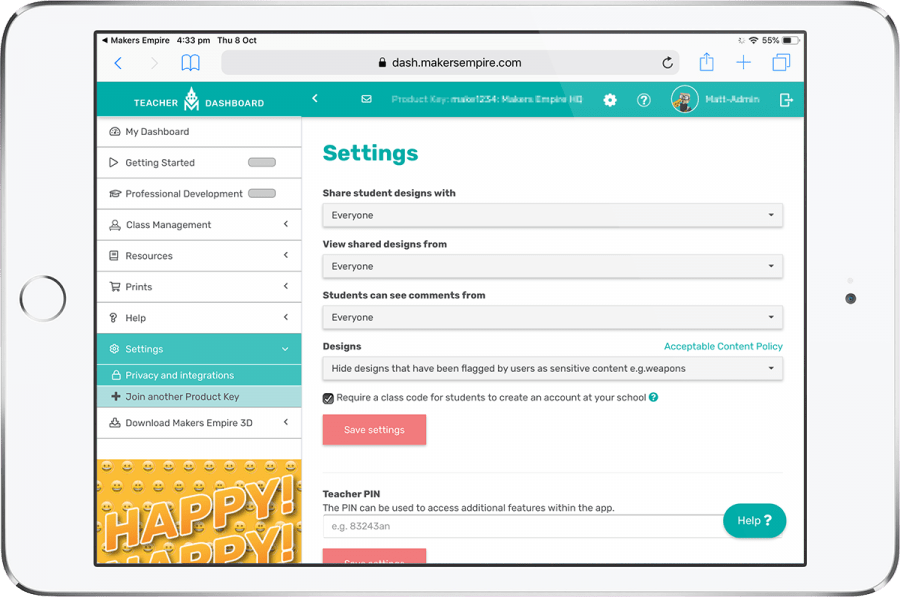 iPad showing Makers Empire Teacher Dashboard privacy settings