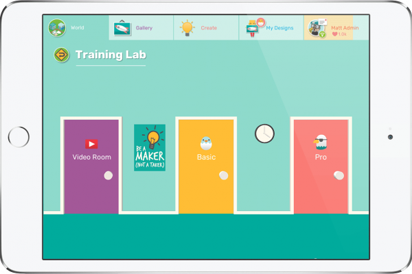 iPad showing Makers Empire 3D design app training lab tutorial area