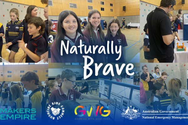 A graphic promoting the Naturally Brave Natural Disaster Resilience Program offered by Makers Empire. It features images of school students who previously participated in the program.